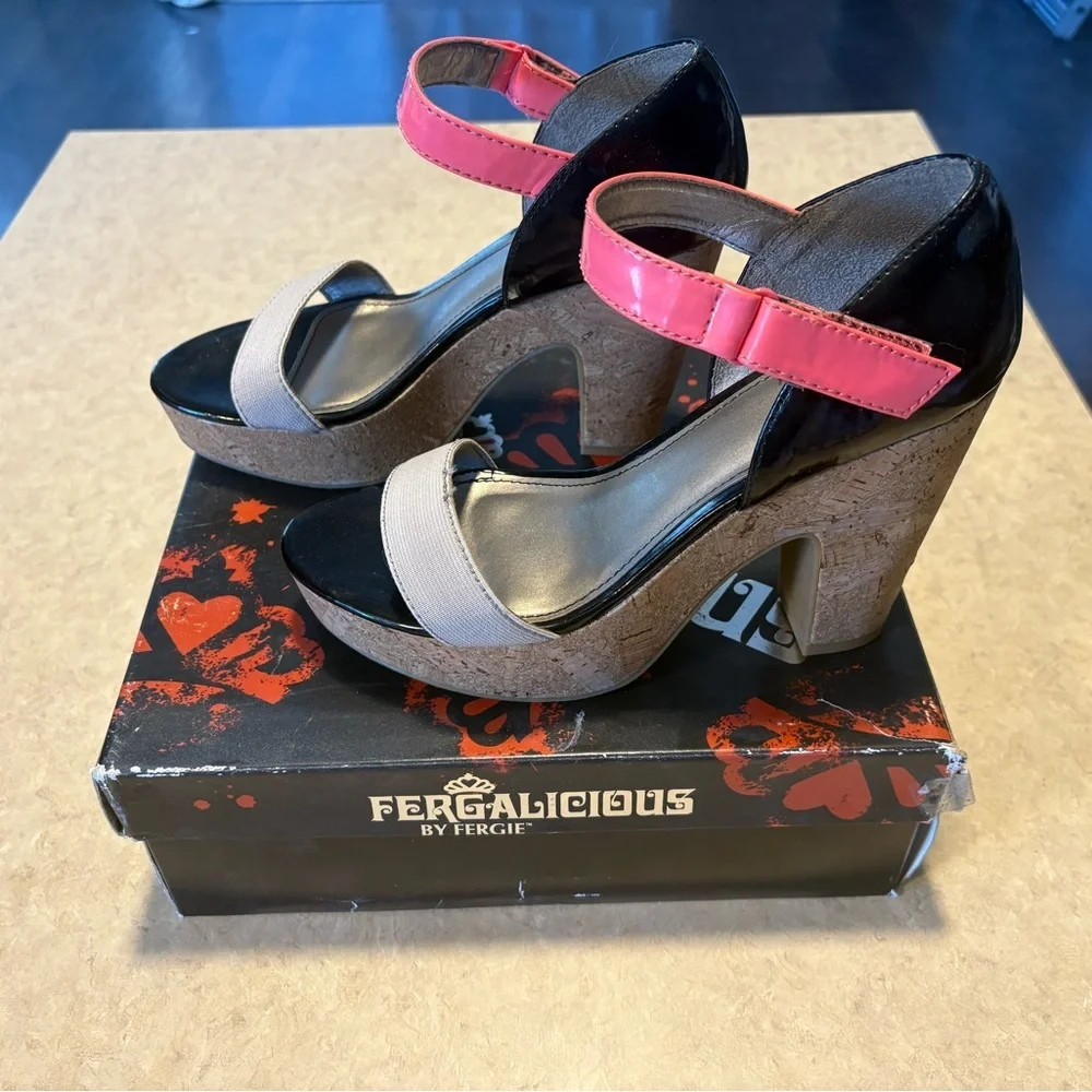 Fergalicious Black and Pink Platform Shoes with Modern Straps